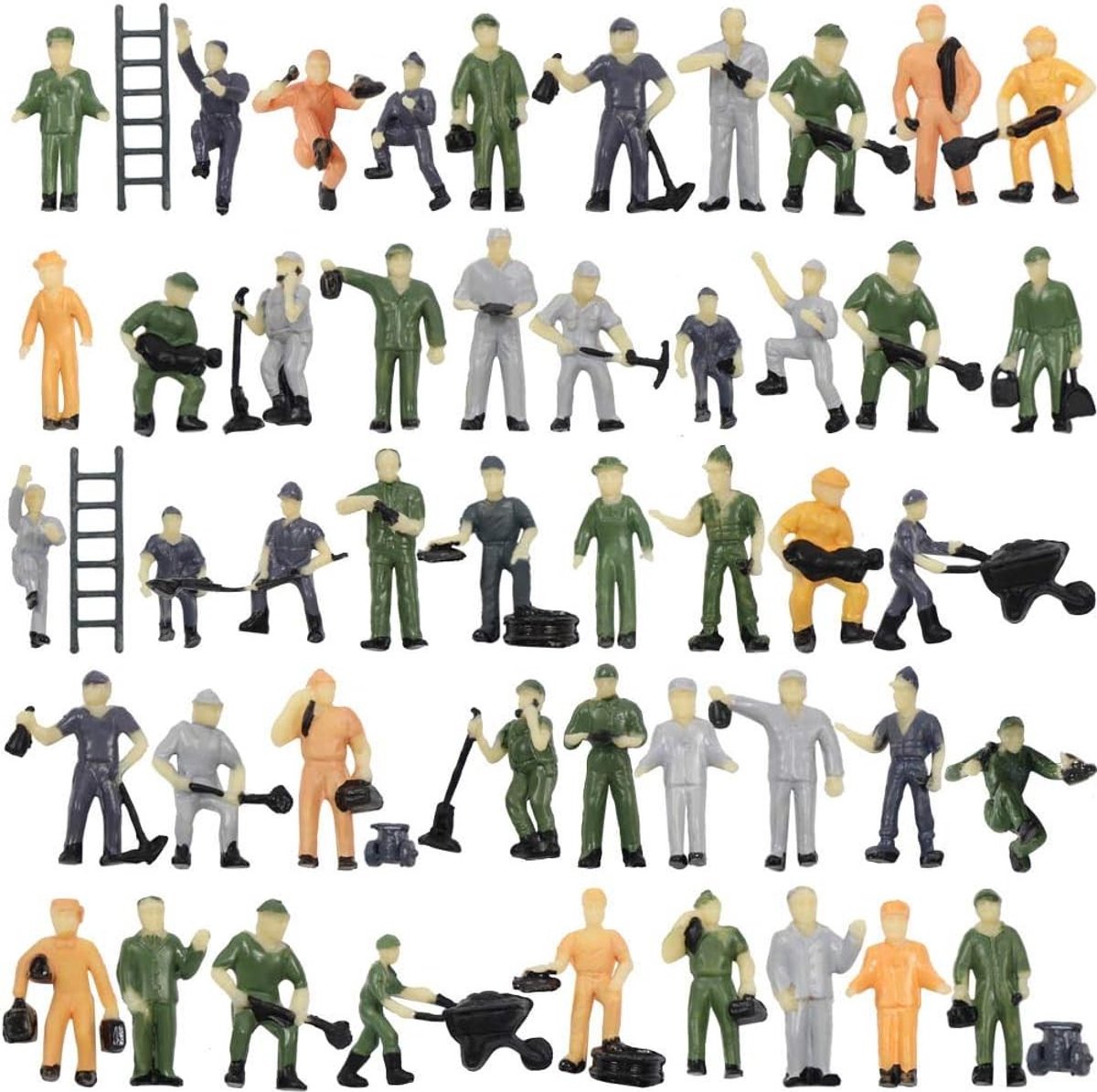 50 Stuk 1:87 HO Schaal Spoorpersoneel Goed Geschilderde Figuren met Emmer en Ladder, 2cm Hoog, Miniatuur Wereld