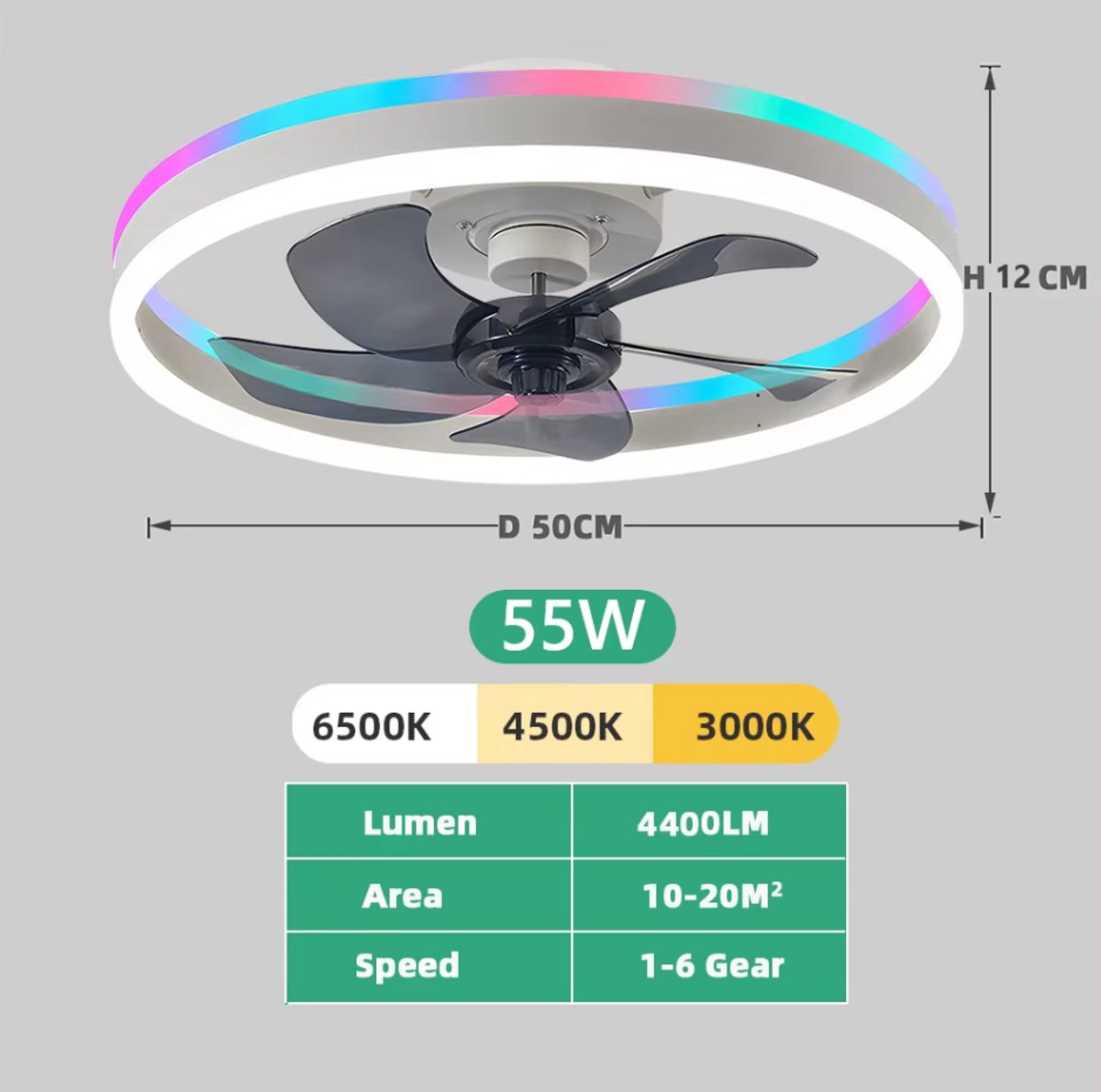 MiShar Plafond Ventilator Lamp - 51 CM - Smart Lamp - 6 Standen - 1 grote led strook - Dimbaar - Wit - Kroonluchter LED Ventilator - Chandelier Fan - Woonkamer Lamp - Ventilator Lampen - Slaapkamer lamp - Eetkamerlamp – foto 5
