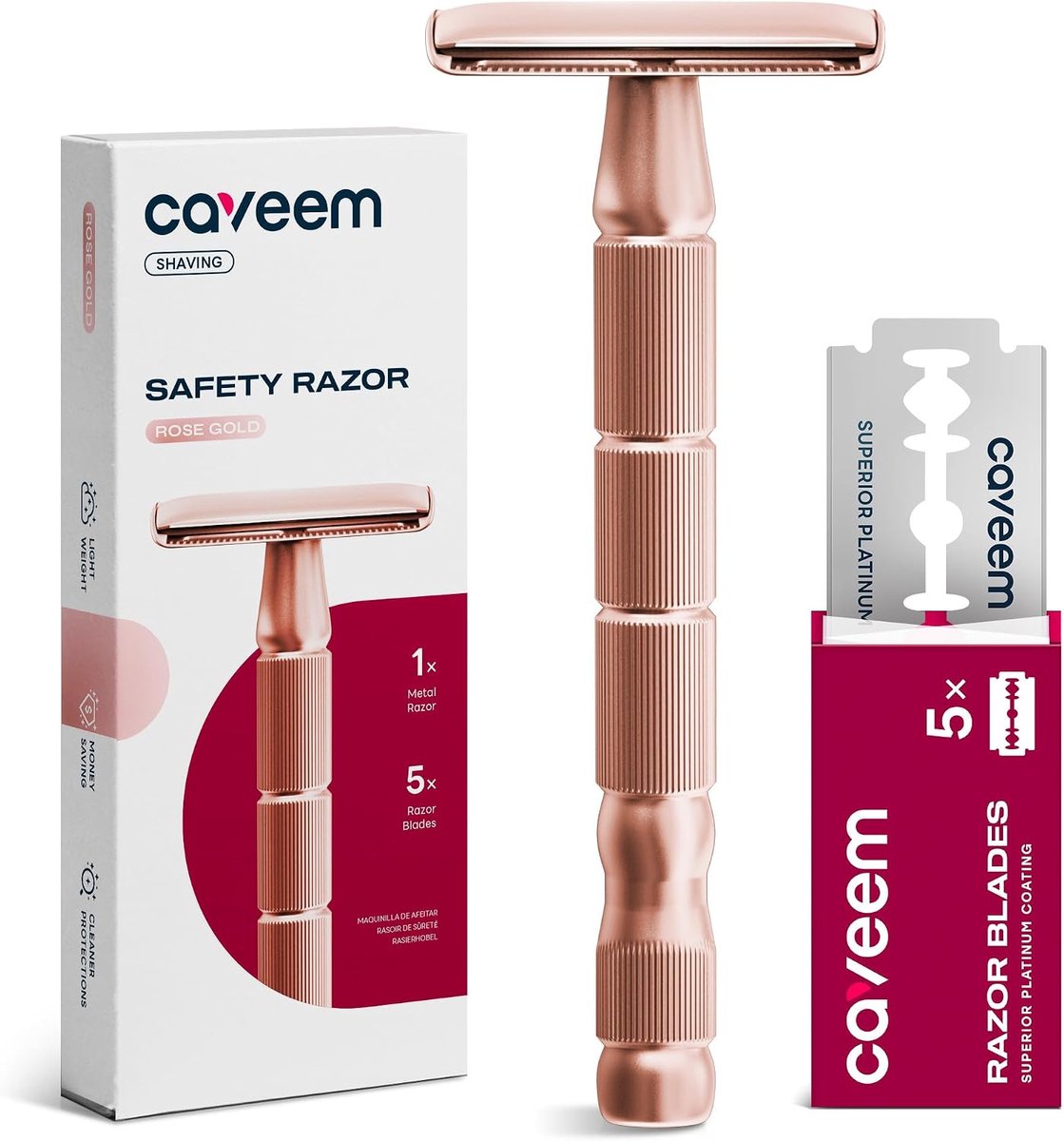 SnelShoppen - Dubbelzijdige Scheermes voor Mannen en Vrouwen - 5 RVS Scheermesjes - Herbruikbare Metalen Scheermes - Roze Goud - Voor een Zachte en Ve