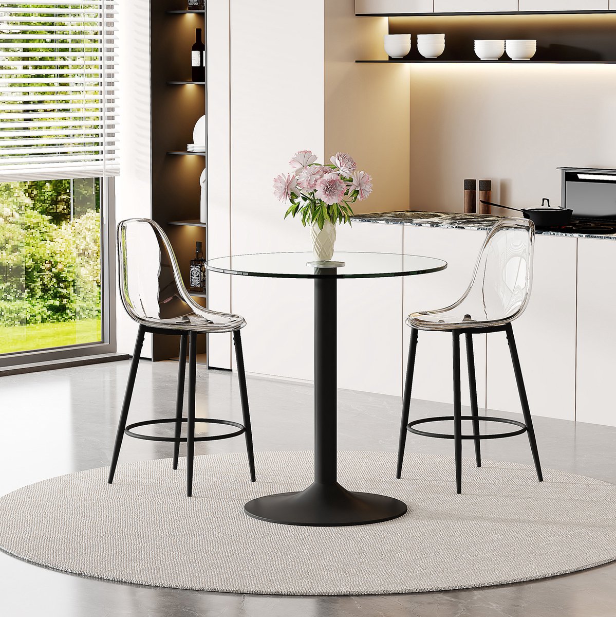 MEUNIQ barset met ronde glazen tafel van 89 cm, 2 transparante barstoelen, zwart metalen onderstel en moderne uitstraling voor keuken en open keuken Black