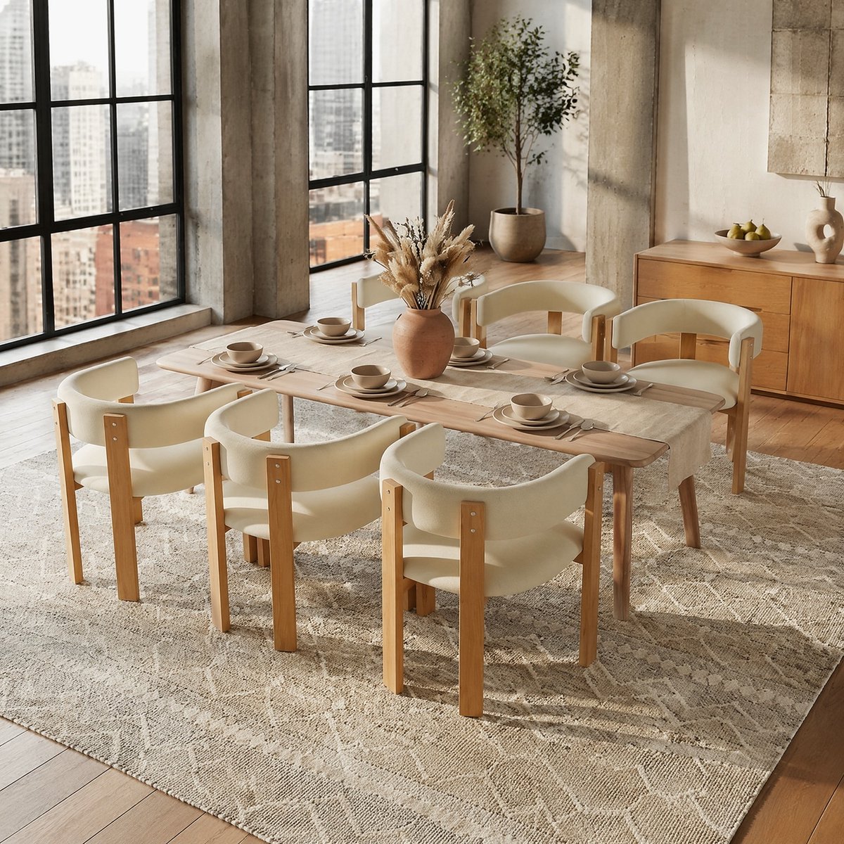 MEUNIQ Eetkamerstoel set van 6 met armleuningen, ergonomische rugleuning en dikke bekleding, metalen poten met houtlook, beige/naturel voor eetkamer of woonkamer