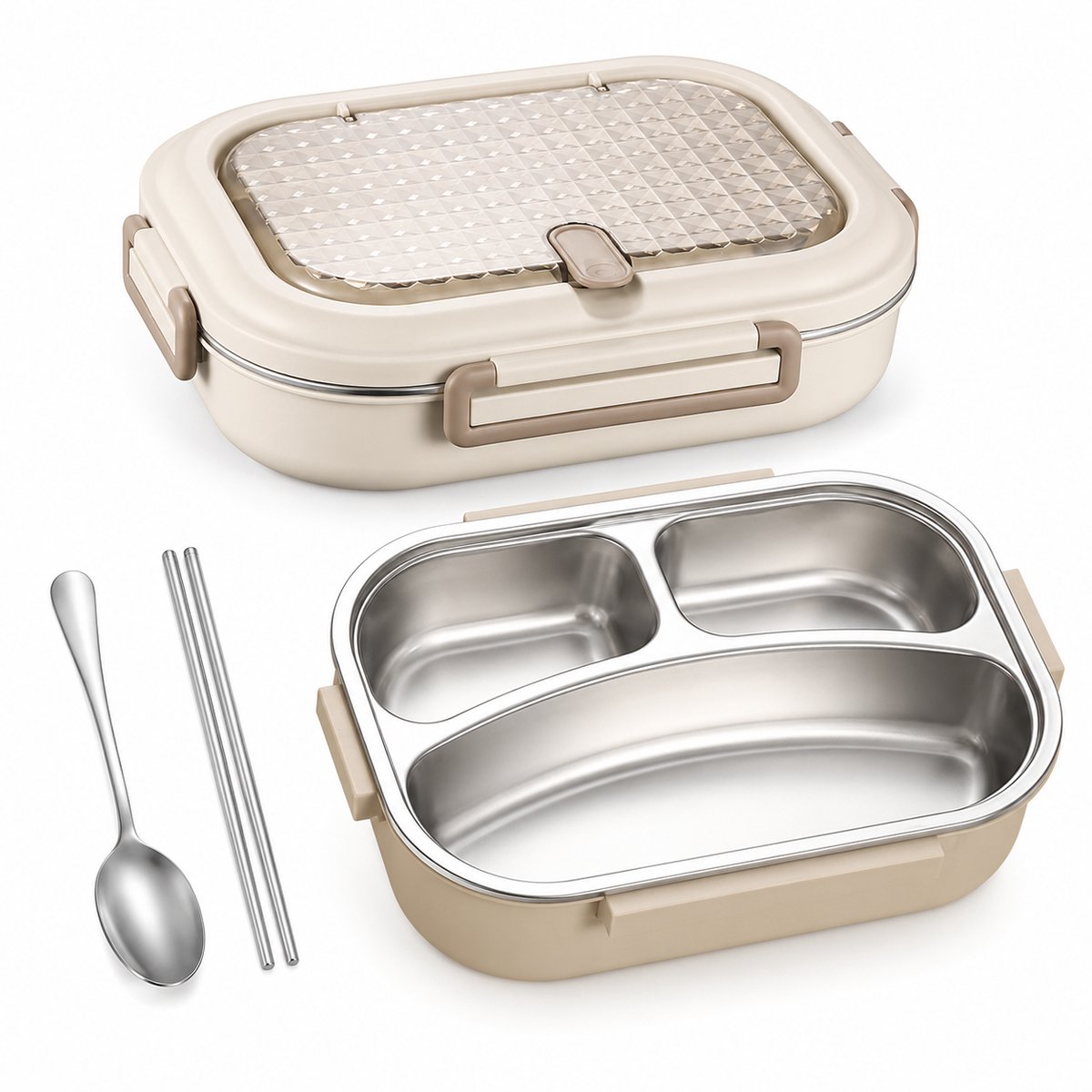 VHV - Bento Box 1000 ml - RVS Lunchbox met 3-Vaksindeling, Bestek en Warmwaterfunctie - Voor Kantoor - Beige
