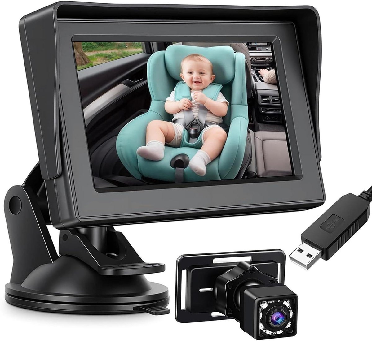 Auto Babyfoon - Baby Camera - Veilig Autorijden - 4.3-inch Scherm - 150 Graden Groothoek - Zwart