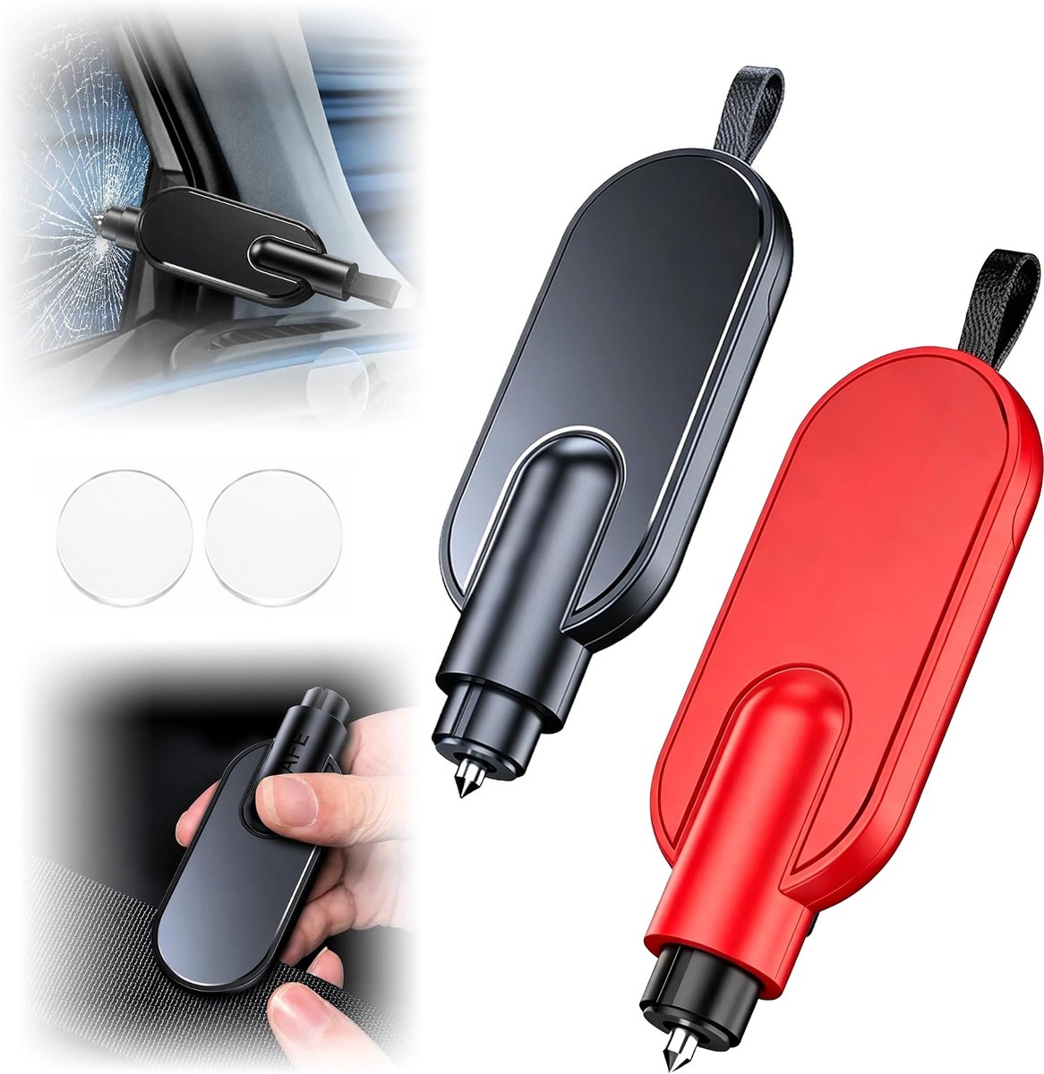 2 in 1 Ruitenbreker & Gordelsnijder - Veiligheidshamer Auto - Noodhamer - Set van 2 - Safety Hammer - Inclusief Testglas - Draagbare Noodgereedschap - Veilig Onderweg - Rood en Zwart - SOLLBRY®
