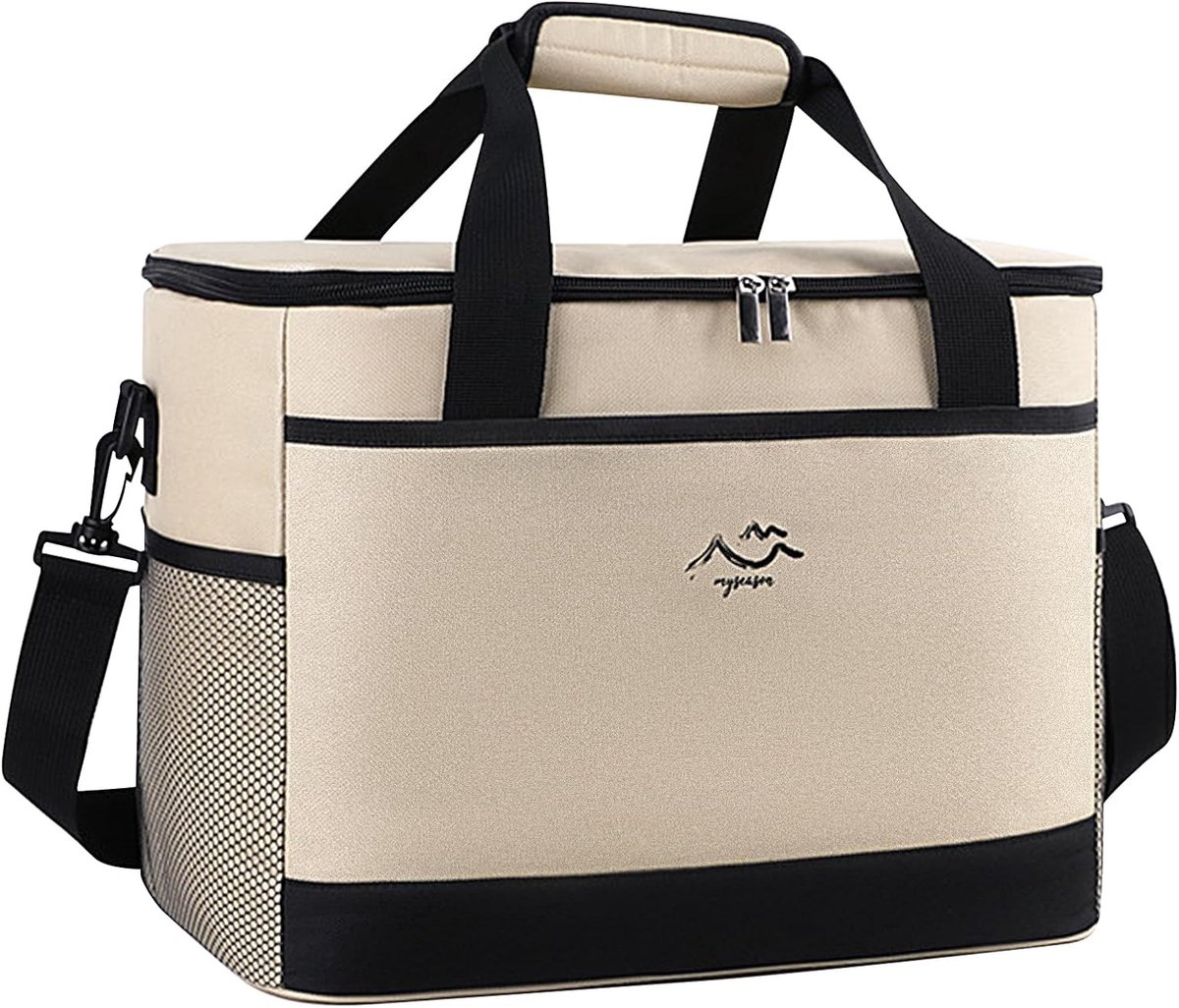 SnelShoppen - Opvouwbare Koeltas XL 26 Liter Waterdicht Draagbaar Beige voor Strand Camping Auto Picknick Winkelen Reizen Familie-uitstapjes