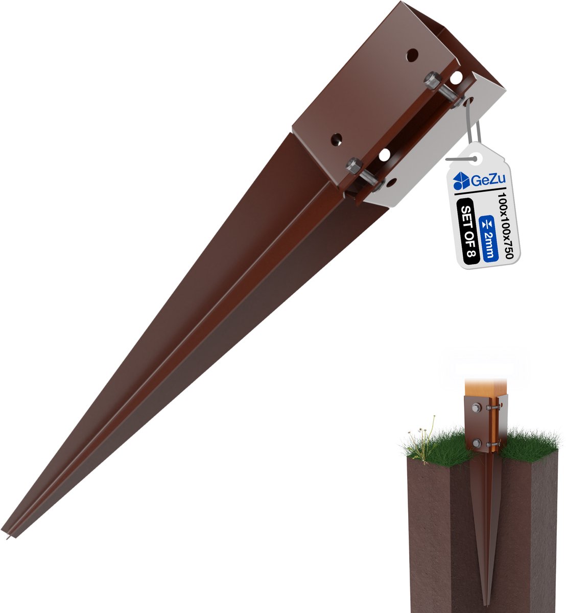 GeZu Impex Verstelbaar Paalhouder Met Punt 100 x 100 x 750 mm Poedergecoat Set van 8 Grondpen Anker Schuttingpaalhouder Inslagpen Klem