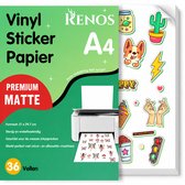 Pak met 36 vellen A4 mat vinyl stickerpapier van Renos, met diverse stickers.
