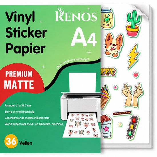Pak met 36 vellen A4 mat vinyl stickerpapier van Renos, met diverse stickers.