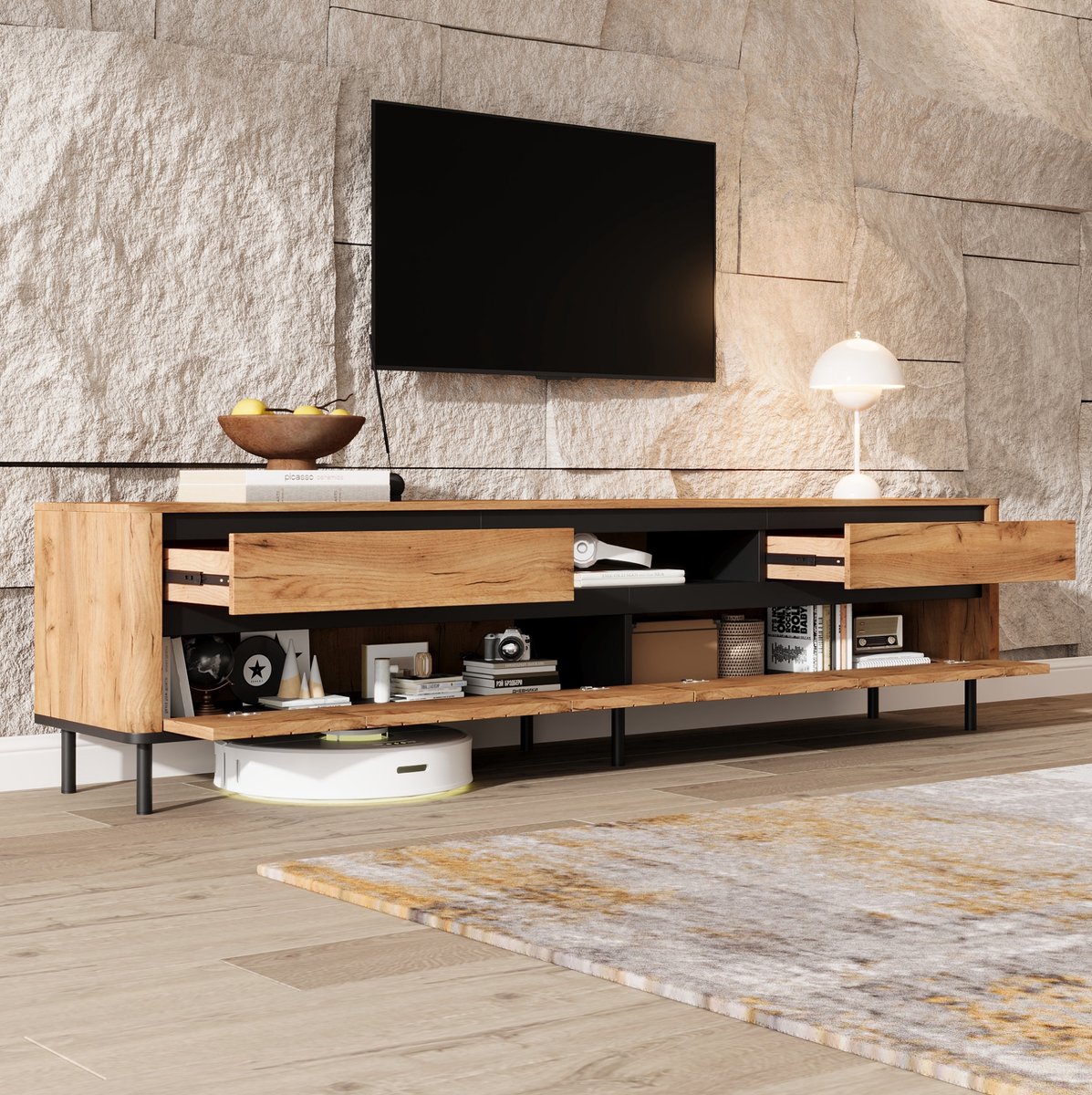 Wishdor Tv-kast - 180 x 40 x 52 cm - natuurhoutkleur - zwart - mdf - metaal - geschikt voor 75 inch tv
