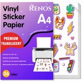 Verpakking met 36 vellen RENOS A4 premium translucent vinyl stickerpapier voor inkjetprinters, met diverse stickers zoals een Corgi, ijsje en verkeerslicht.