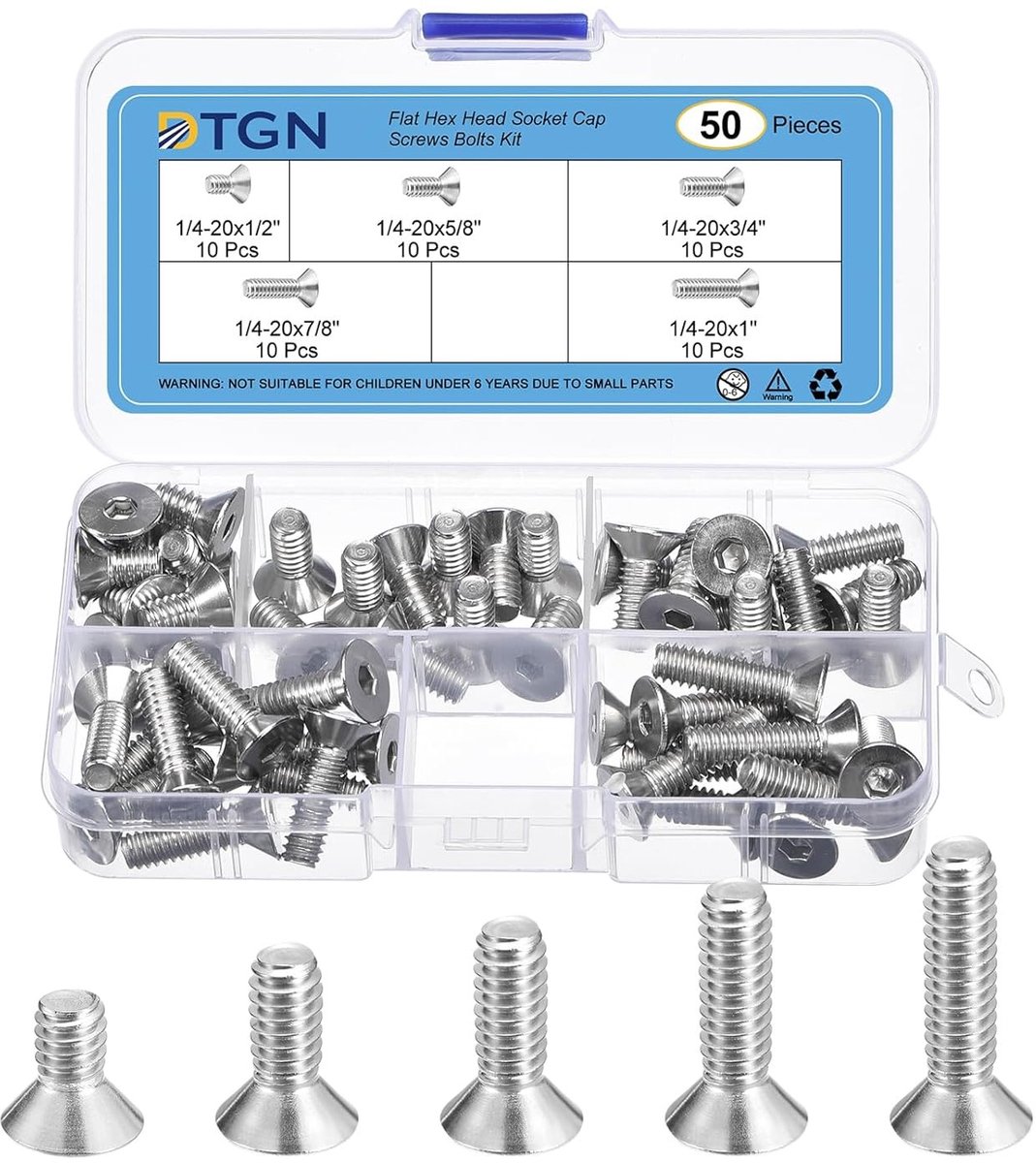 50 Stuks 1/4-20 x 1/2" /5/8" /3/4" /7/8" /1" Cilinderkop Schroeven met Zeskant Inbus, RVS 304, Voldraad, Verzinkte Kop, Duurzaam en Corrosiebestendig