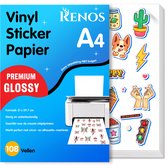 Pak vinyl stickerpapier A4 premium glossy van Renos. Bevat diverse stickers zoals een corgi, ijsje, cactus en verkeerslicht. Printer met stickers op papier.