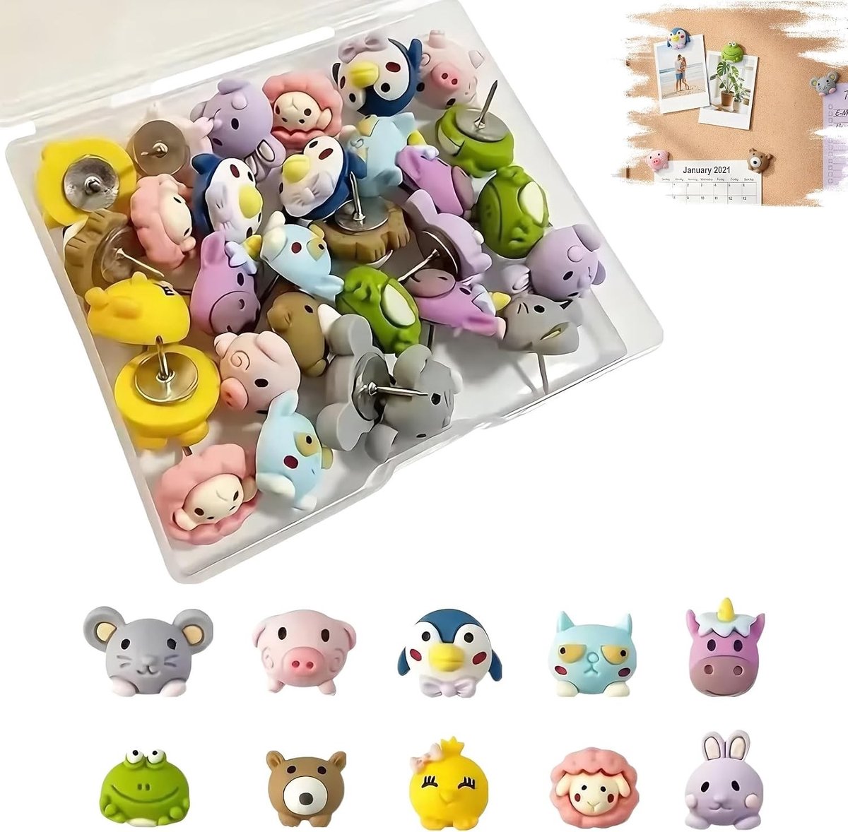 Schattige dierenpunaises in 50 kleuren, grappige decoratieve pinnen voor prikborden, kurkborden en muren, perfect voor kinderkamers en creatieve projecten