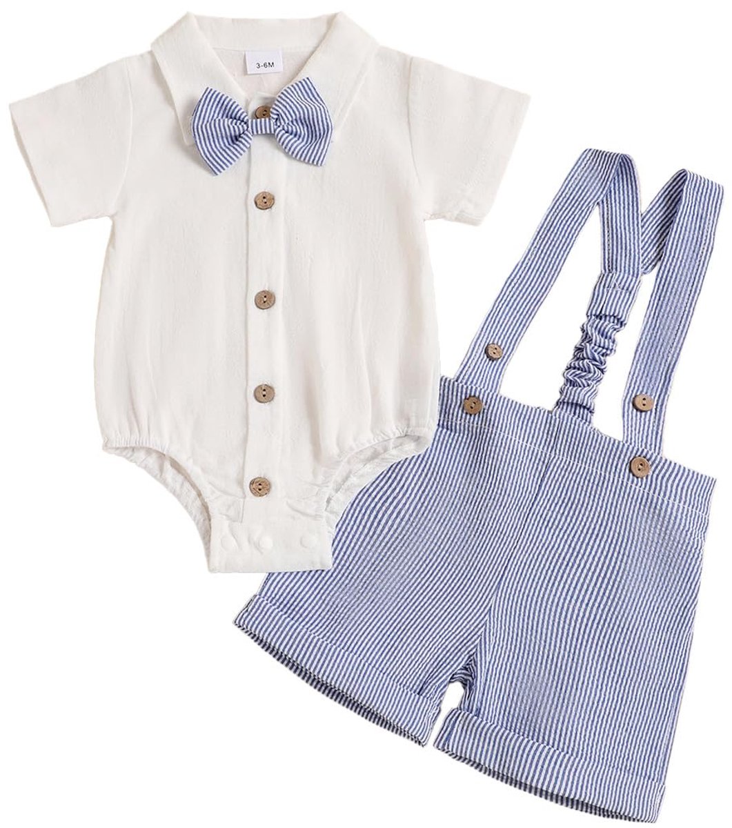 SnelShoppen - JENJON Baby Jongens Zomer Gentleman Outfit Korte Mouwen met Strik + Gestreepte Overall Shorts voor Cake Smash Verjaardagskleding, Donker