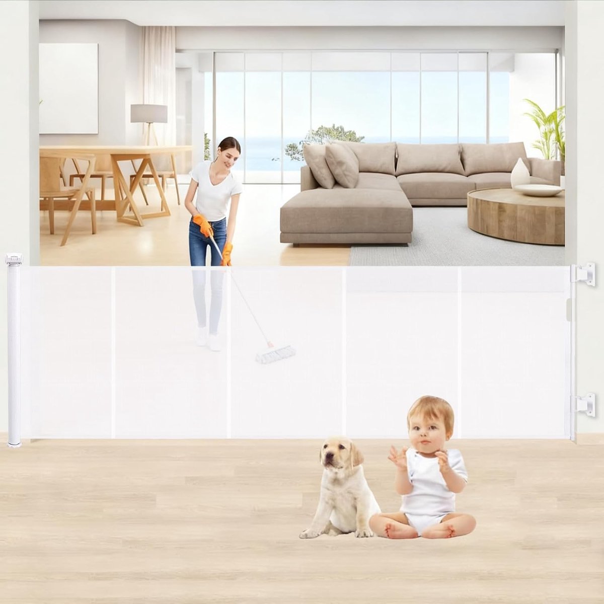 Intrekbaar veiligheidsrooster voor kinderen en honden, 1,5 m en 3 m, met glasvezelversterking, ideaal voor binnen en buiten gebruik (grijs, 2 m)