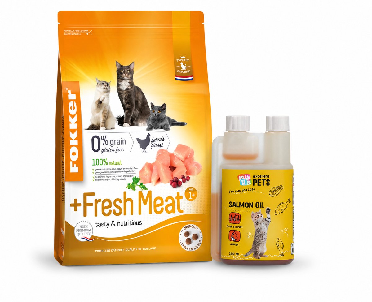 Fokker Fokker cat +fresh meat 7kg met Kat zalm olie 250ml.