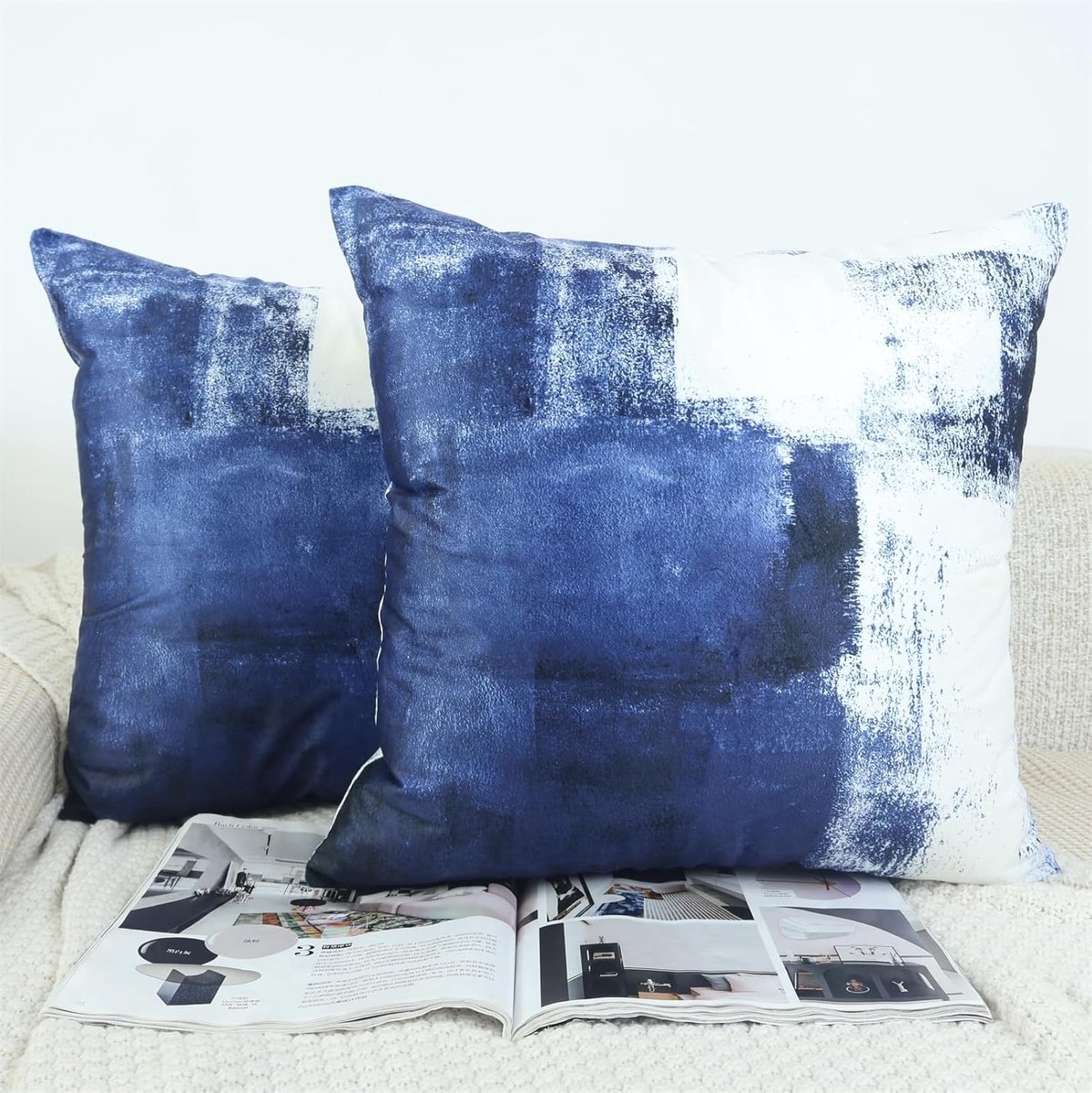 SnelShoppen - Fluwelen Kussenslopen 50x50 cm Set van 2 - Marineblauw Abstracte Kunst Decoratieve Kussenhoezen voor Woonkamer, Tuin en Buiten