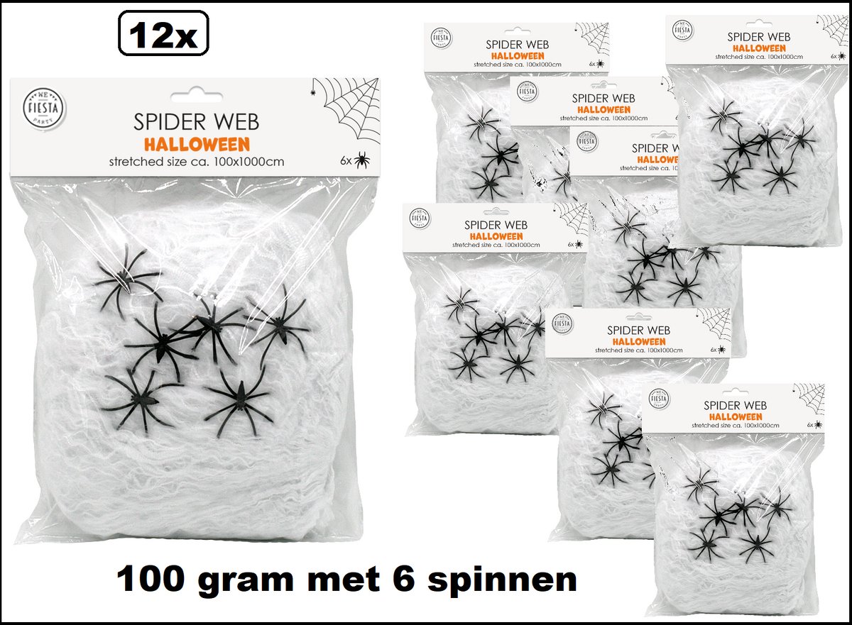 12x Zak spinnenweb 100 gram met elk 6 spinnen - super voordeel - Halloween spooky scary horror spinnenrag