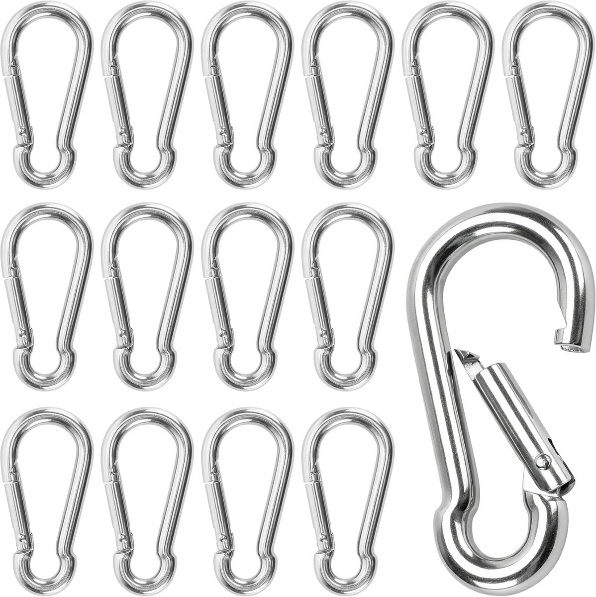Roestvrijstalen M6 karabijnhaak Clips - 15 stuks zware veerhaken van 60 mm voor kamperen, wandelen en vissen met een draagvermogen van 70 kg