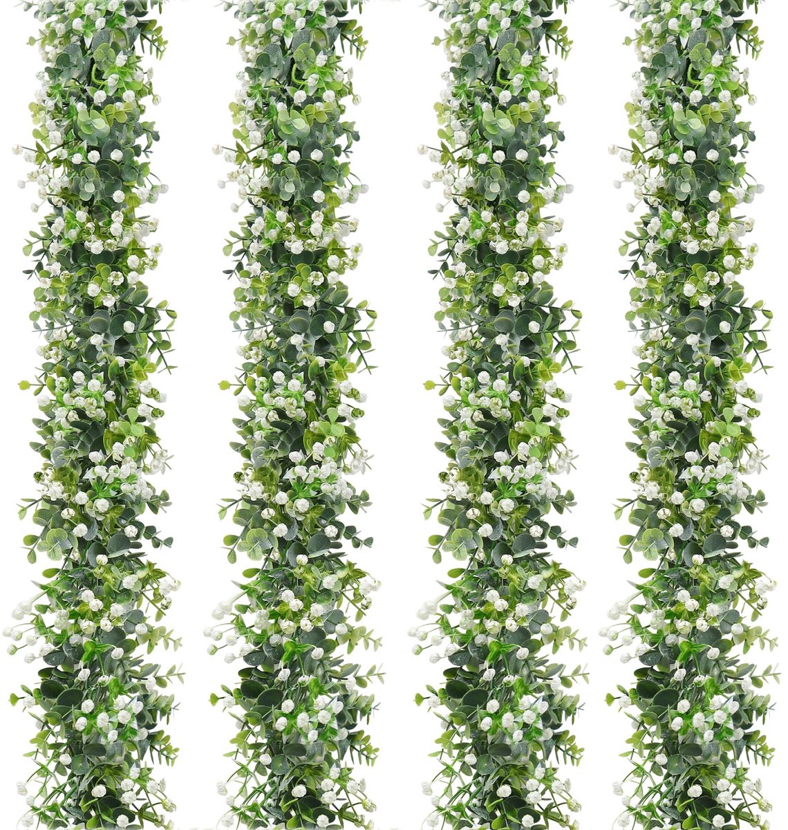 SnelShoppen - 4 Stuks Kunstmatige Eucalyptus Slinger met Witte Bloemen - Handgemaakte Groene Decoratie voor Bruiloft, Boog, Wanddecoratie - UV-bestend