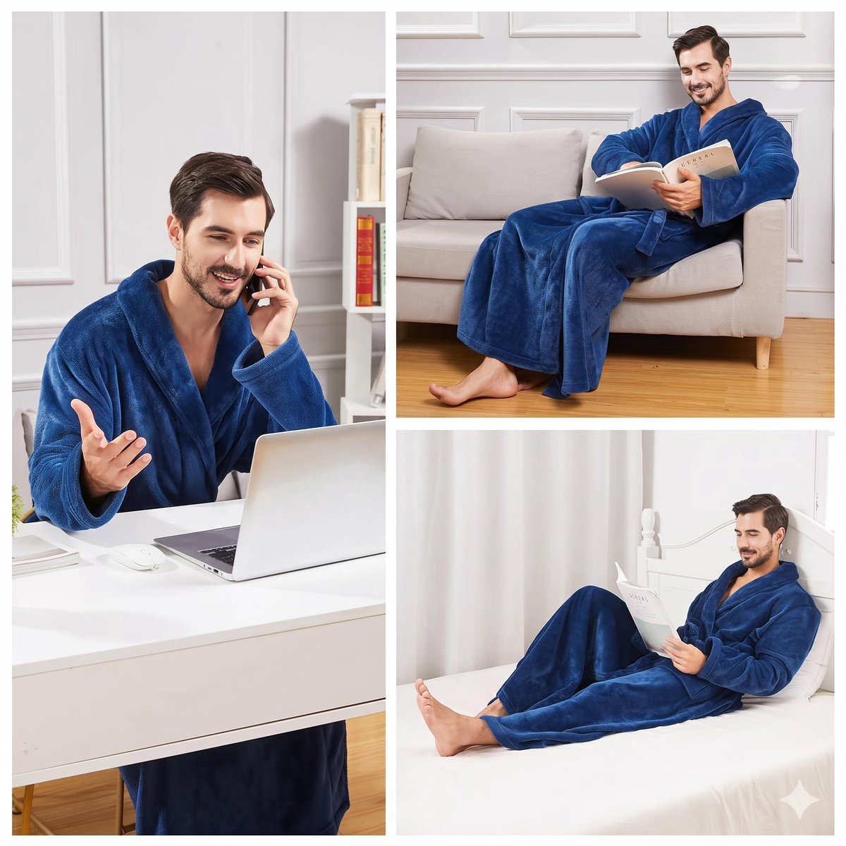 SnelShoppen - Heren Badjassen Pluche Fleece Lange Badjas met Sjaalkraag - Warm Winter Badjas voor Mannen - Donkerblauw - Maat 4XL