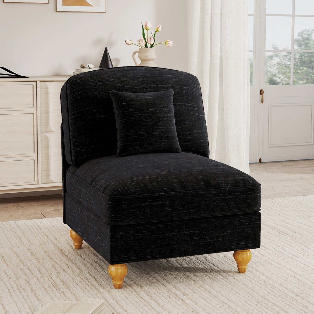 STILVORA Zitbank 78 x 83,5 x 93 Cm - 1-Zits Zonder Armleuningen Met Afneembare Rucherok En Kussen - Voor Woonkamer - Chenille Zwart