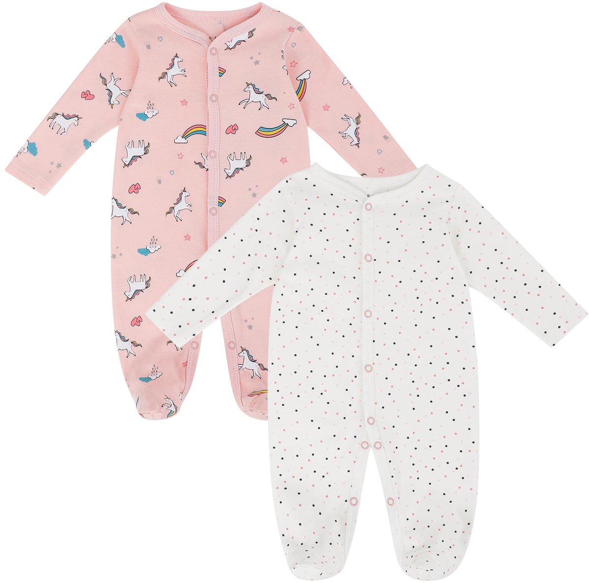 SnelShoppen - Rompertje voor Pasgeborenen - Katoenen Pyjama met Lange Mouwen - Voorzijde met Knopen - Wit met Roze Stippen - 6-9 Maanden - Perfect Cad