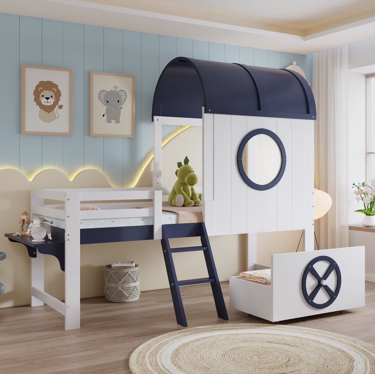 COVREO Halfhoog bed met dak en raam – 203,5x131,5x200 cm – Kinderbed met lade en schuine ladder – voor de kinderkamer – Wit / donkerblauw - zonder matras