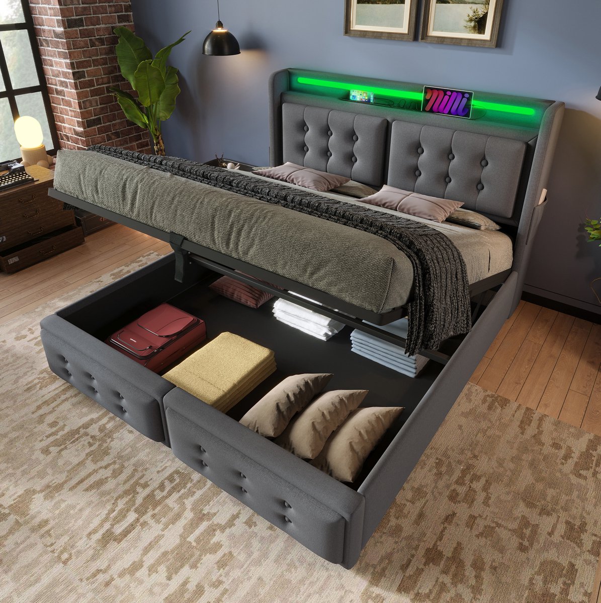 STILVORA Gestoffeerd Bed 180x200 Cm - Tweepersoonsbed Met Led Verlichting En Oplaadfunctie - Opbergruimte Onder Het Bed - Voor Slaapkamer - Katoen Linnen En Metaal - Grijs - Zonder Matras