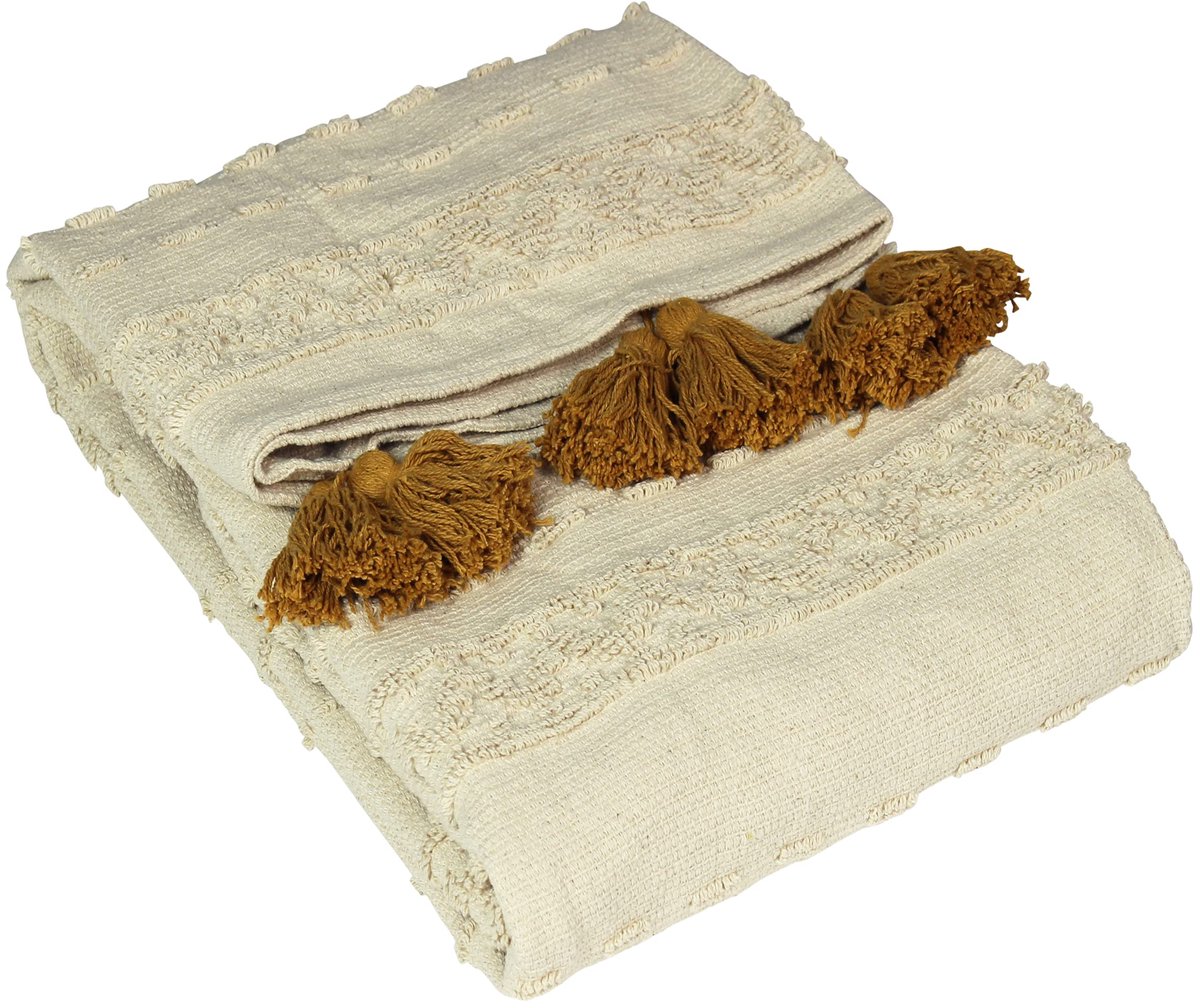 SnelShoppen - Boho Katoenen Tufted Gooi Vloerkleed – Geometrische Pom-Pom Kwastje Accent – Oker 130x180cm voor Woonkamer, Slaapkamer, Tuin en Feesten