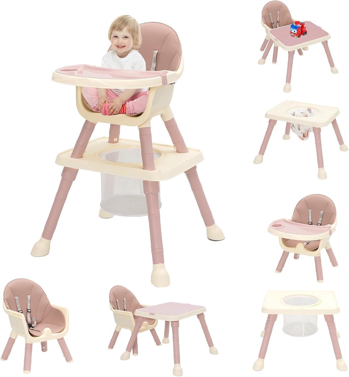 SnelShoppen - Pappa Kinderstoel 7-in-1 met Afneembaar Bord, Dinerfunctie, Mand met Afneembare Riem, Babystoel voor Kinderen van 6 Maanden tot 6 Jaar -