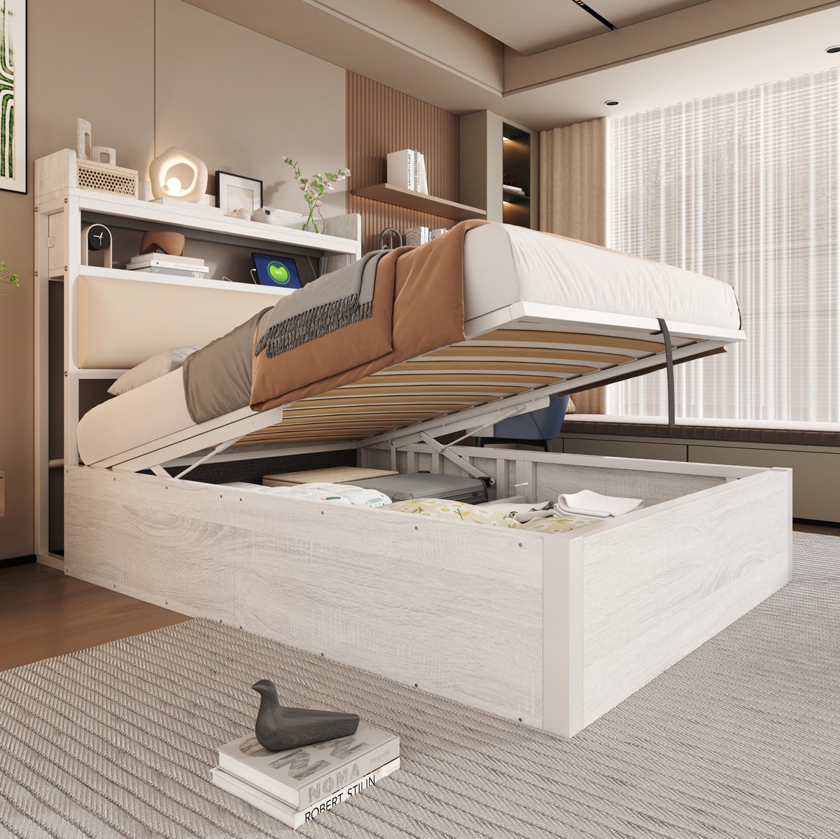 COVREO Bedframe met opbergruimte – 90x200 cm – Bed met USB en hoofdbord – voor slaapkamer – Wit - zonder matras
