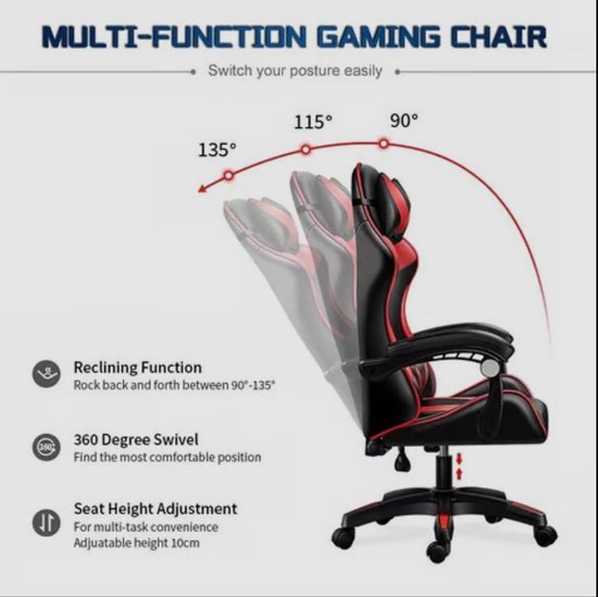 SnelShoppen - Gaming Stoel Ergonomische Computer Stoel Bureaustoel Draaibare Stoel Verstelbare Voetsteun Kussen Zwart Rood Voor Thuis Kantoor Gaming van snelshoppen — afbeelding 5