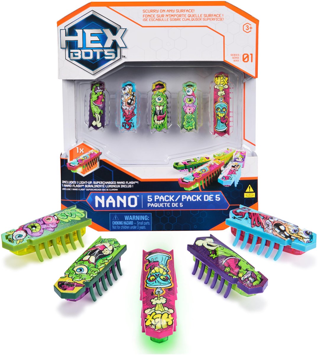 SnelShoppen - HEX BOTS Nano 5 Pack - Sensorisch Speelgoed voor Kinderen en Katten - 4 Nano Bots + Extra Flash Nano - Trillingstechnologie - Insecten e