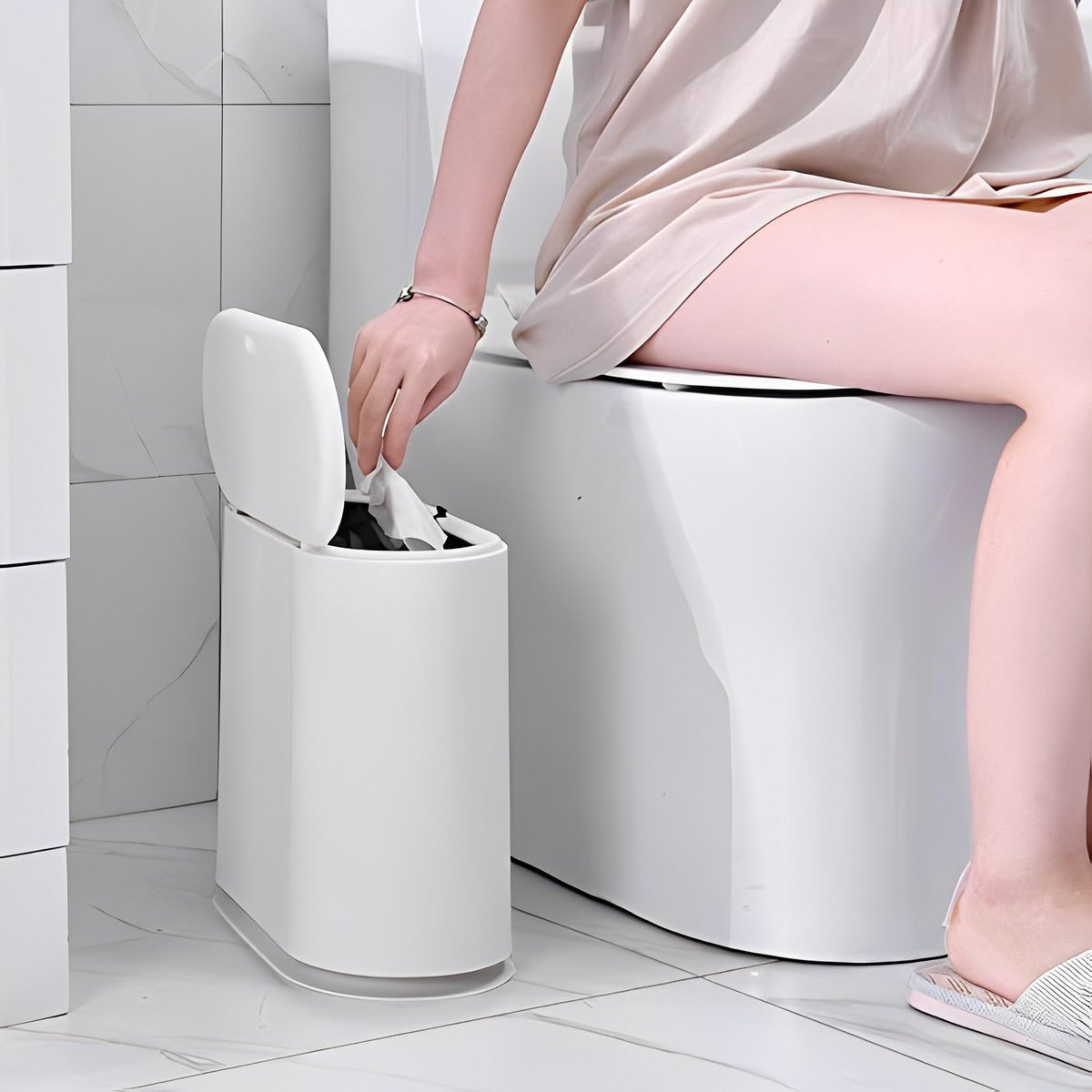SnelShoppen - Rechthoekige plastic prullenbak 10 liter met perstype deksel, 2,4 gallon vuilnisbak voor badkamer, slaapkamer, keuken, poederkamer, kant