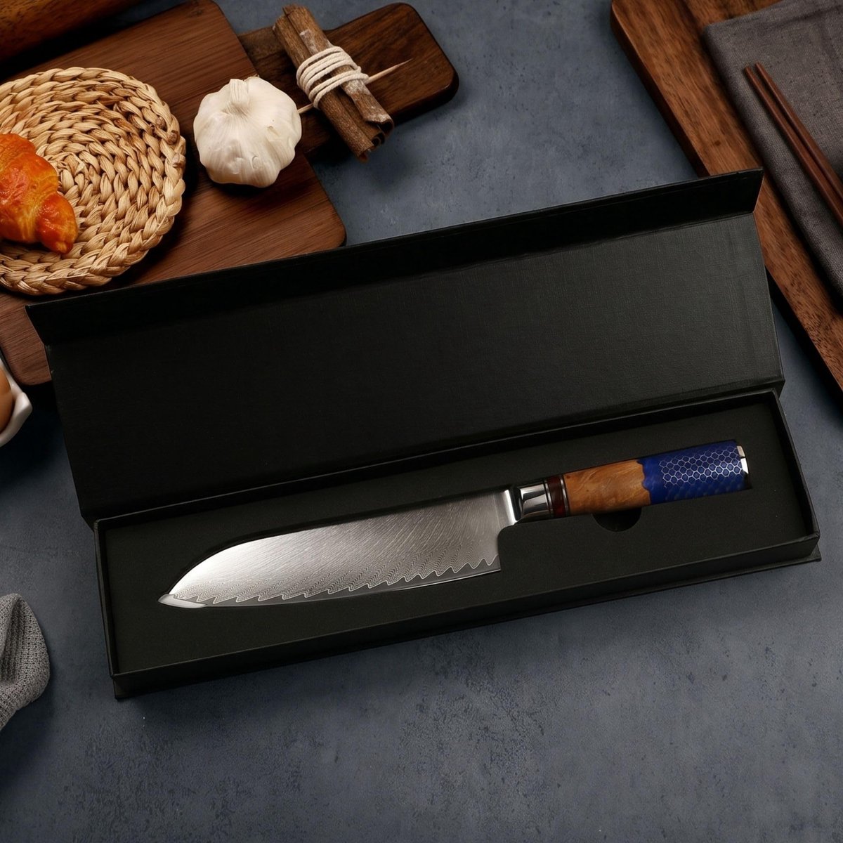 SnelShoppen - Cassary Damastmessenset met Slijpsteen - Professionele Japanse Santoku Keukenmessen - Perfect voor Precisiesnijden - Hoogwaardige Messen