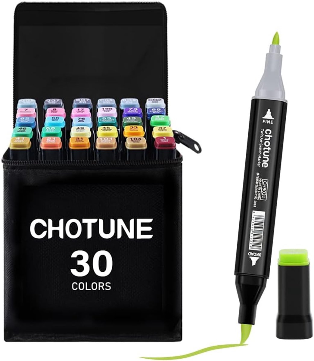 SnelShoppen - Alcohol Markers Set 30 Kleuren - Dubbel Tipped Soft Brush & Fine Sketch Marker - Ideaal voor Sketching en Illustratie - Inclusief Zwarte