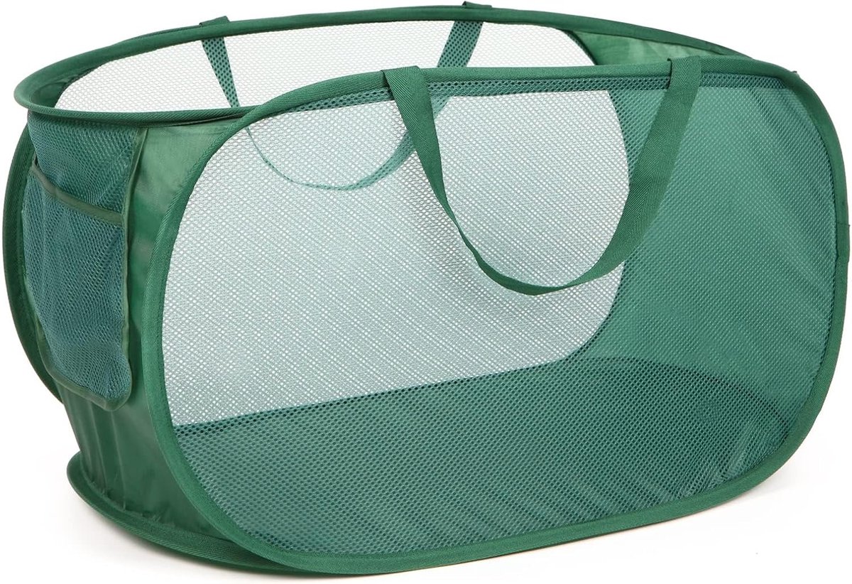 SnelShoppen - Vouwbare Wasmand 70L, Pop Up Wasmand met Handgrepen en Zijvak, Ideaal voor Thuis, Reizen en Kinderen, Groen, 58 x 36 x 36 cm