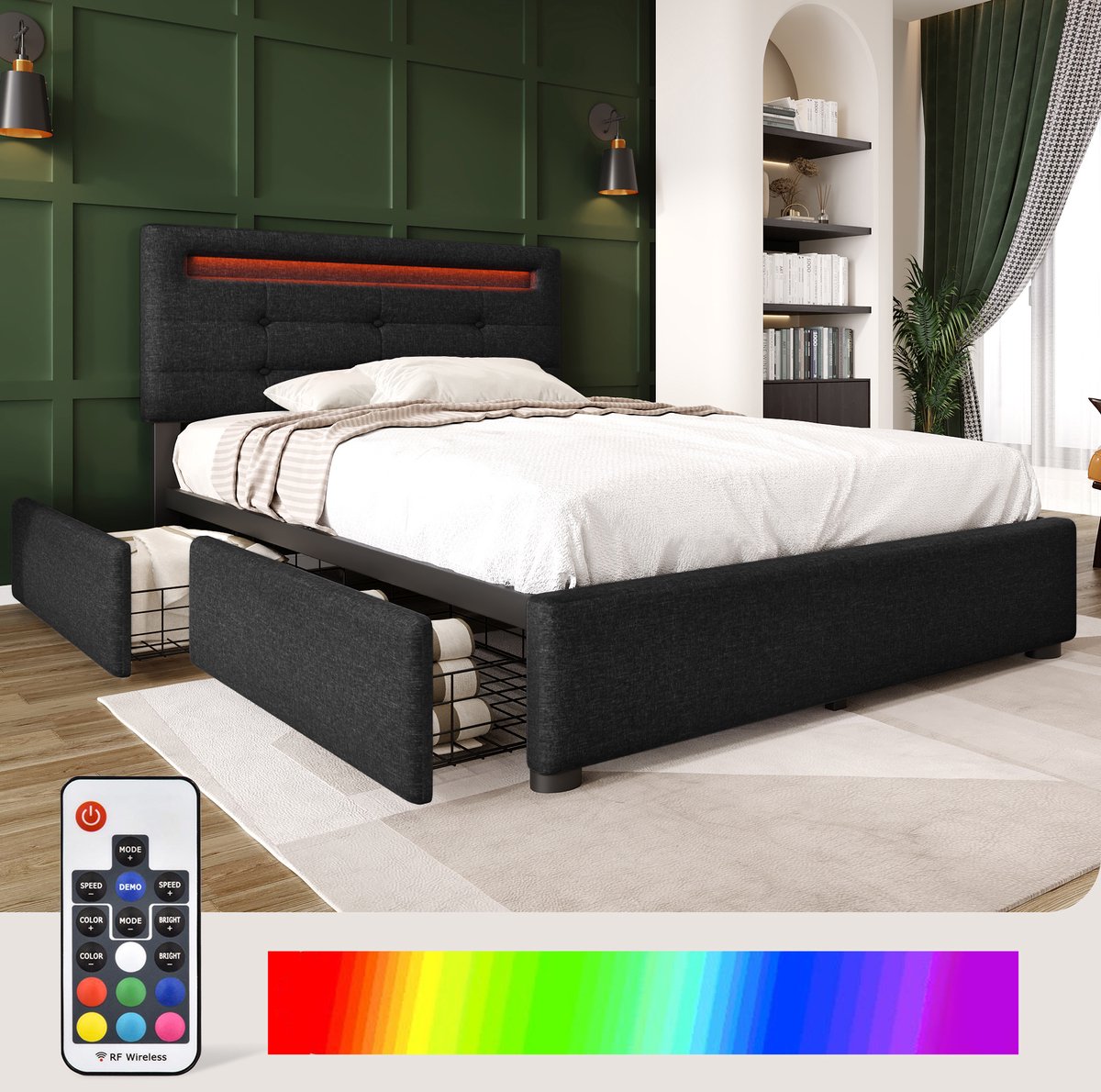 COVREO Bedframe 90x200 cm zwart, LED, 2 lades, matras inbegrepen