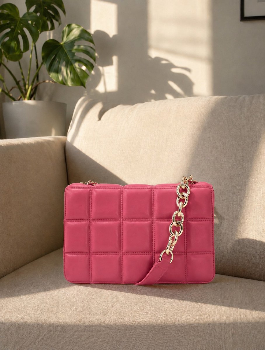 Roze Gewatteerde Schoudertas met Gouden Ketting