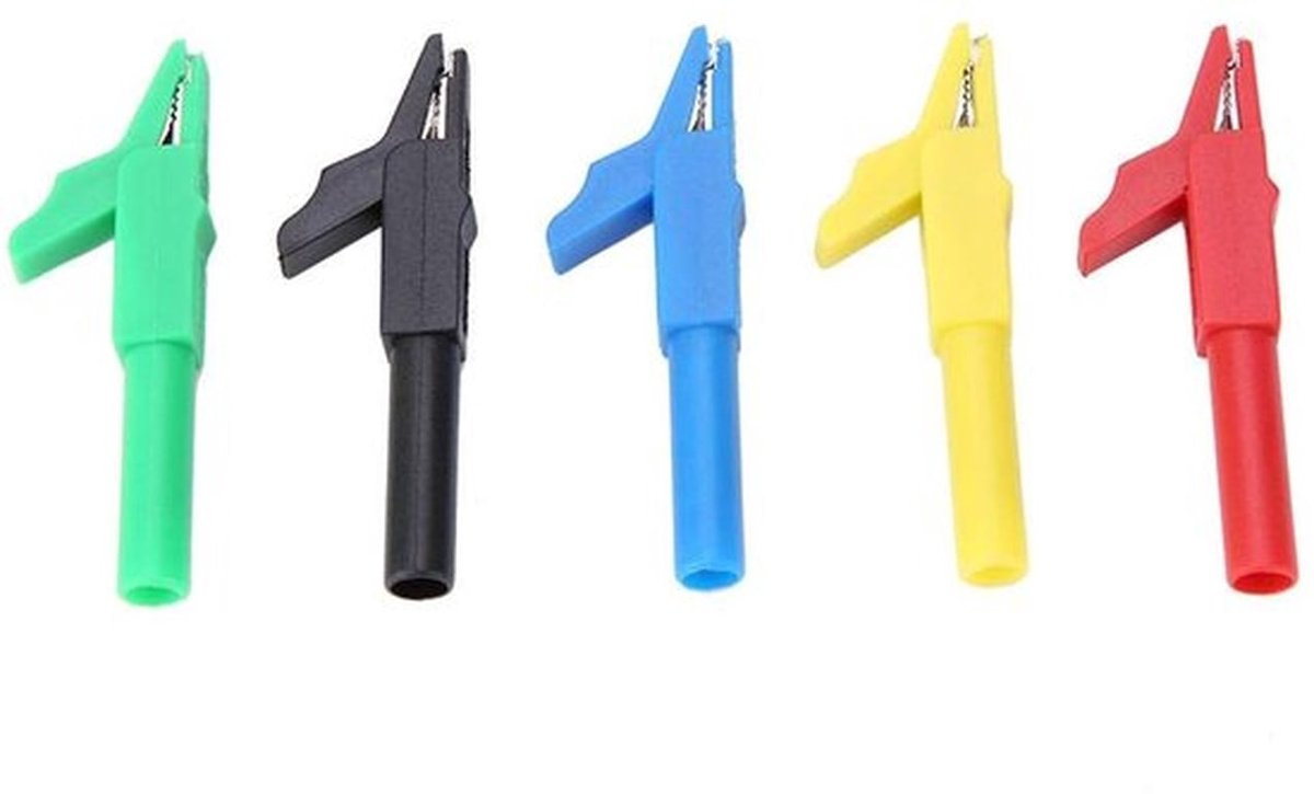 Crocodile Clips - Veiligheidstest Clips - Volledig Geïsoleerd - 5 Stuks - 15A/300V - Geschikt voor 4mm Banana Plugs - Perfect voor Elektr...