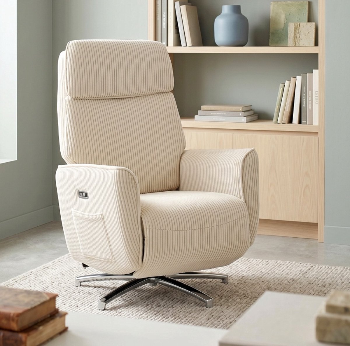 OKWISH Relaxfauteuil 76 x 87 x 114 cm - Elektrisch Verstelbaar Met 2 Motoren En 360 Graden Draaibaar - Voor Woonkamer - Polyester - Crèmewit