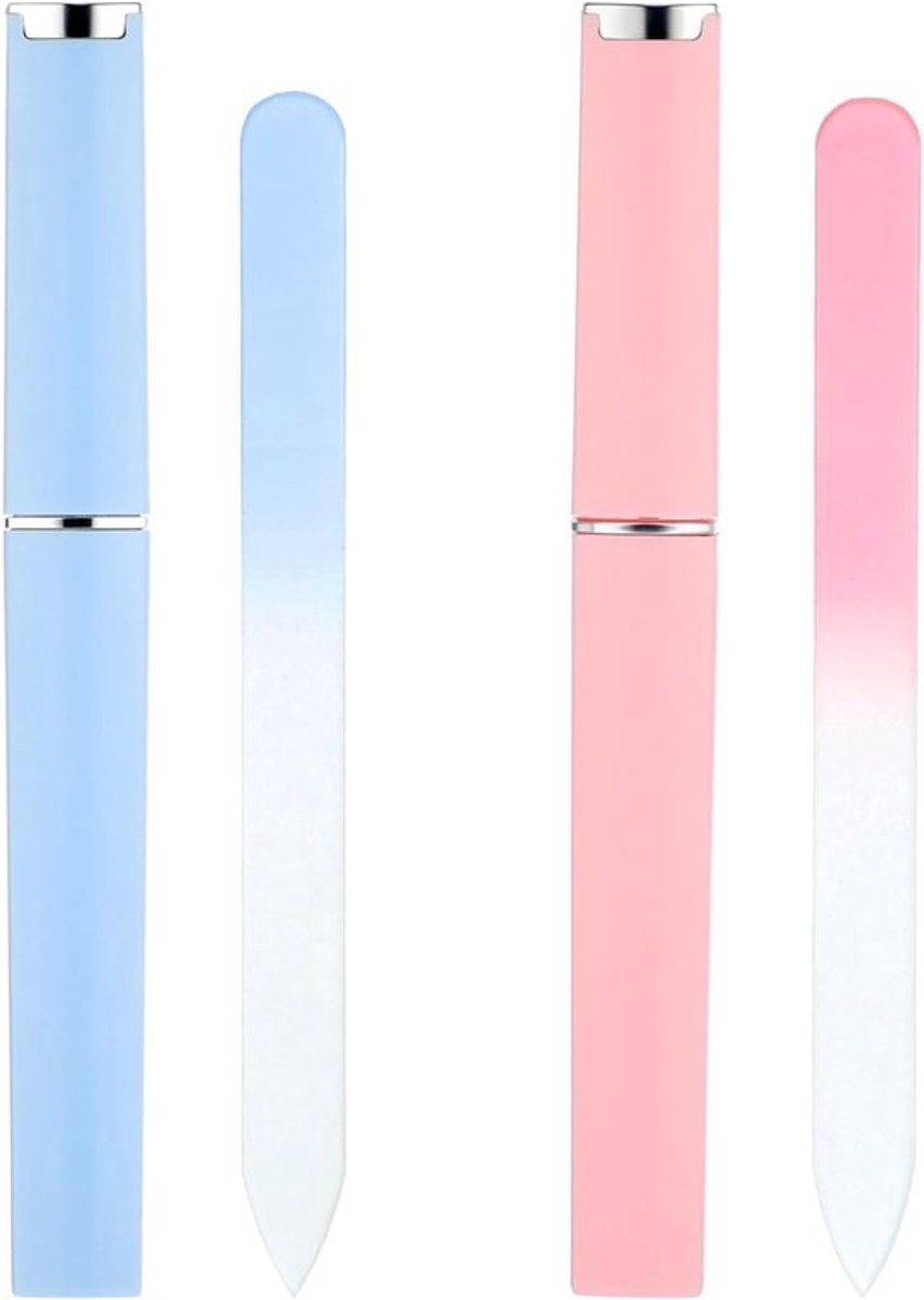 SnelShoppen - Set van 2 Glazen Vijl voor Natuurlijke Nagels, Dubbelzijdige Kristal Nagelvijlen in Roze en Blauw met Etui, Perfect voor Thuis en Reizen
