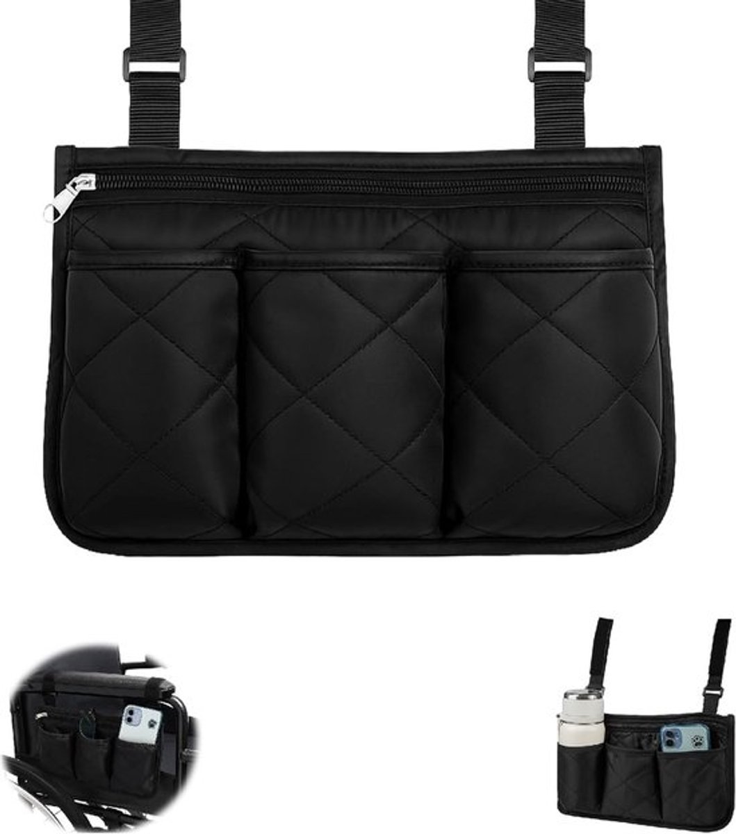 SnelShoppen - Wheelchair Bag voor Armsteun, Zwarte Opbergtas voor Rolstoelen, Multifunctionele Armsteun Tas met Handgreep, Ideaal voor Persoonlijke Sp