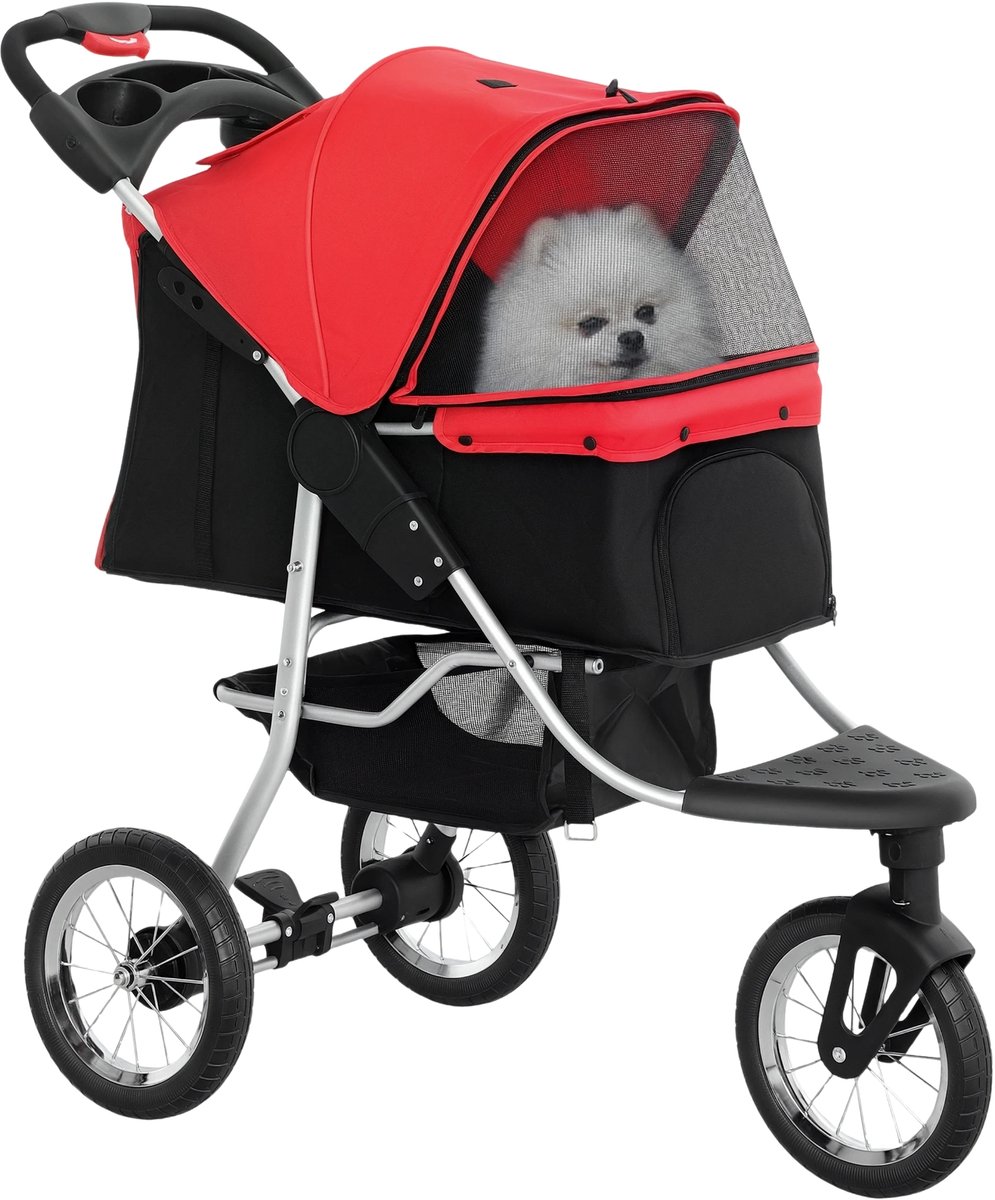 Hondenbuggy – Opvouwbare Huisdierenwagen met 3 Wielen voor Hond & Kat – Rood