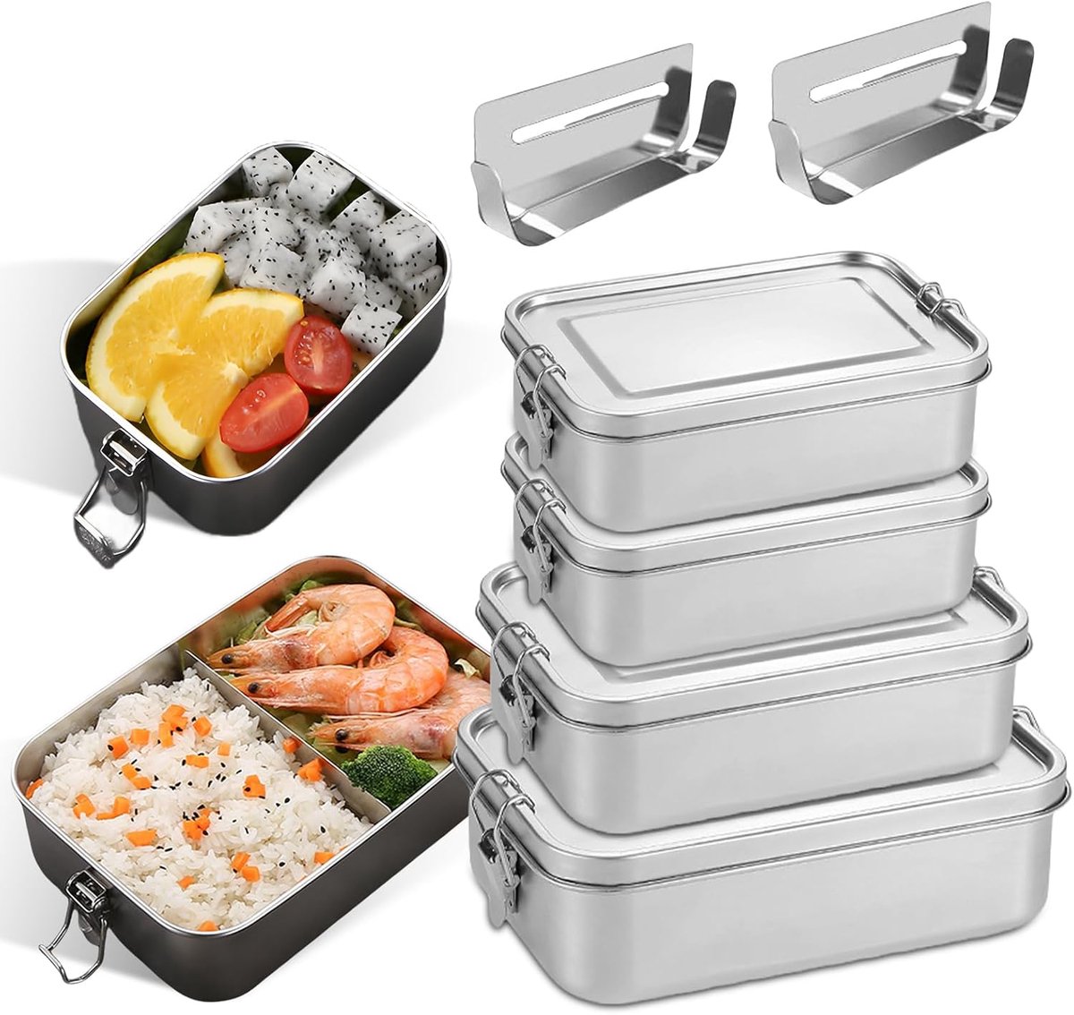 SnelShoppen - Roestvrijstalen Broodtrommel Set van 4 Lunchboxen, Lekvrij, Stapelbare, Scheidingswand, 550ml, 850ml, 1400ml, Ideaal voor Werk, School,
