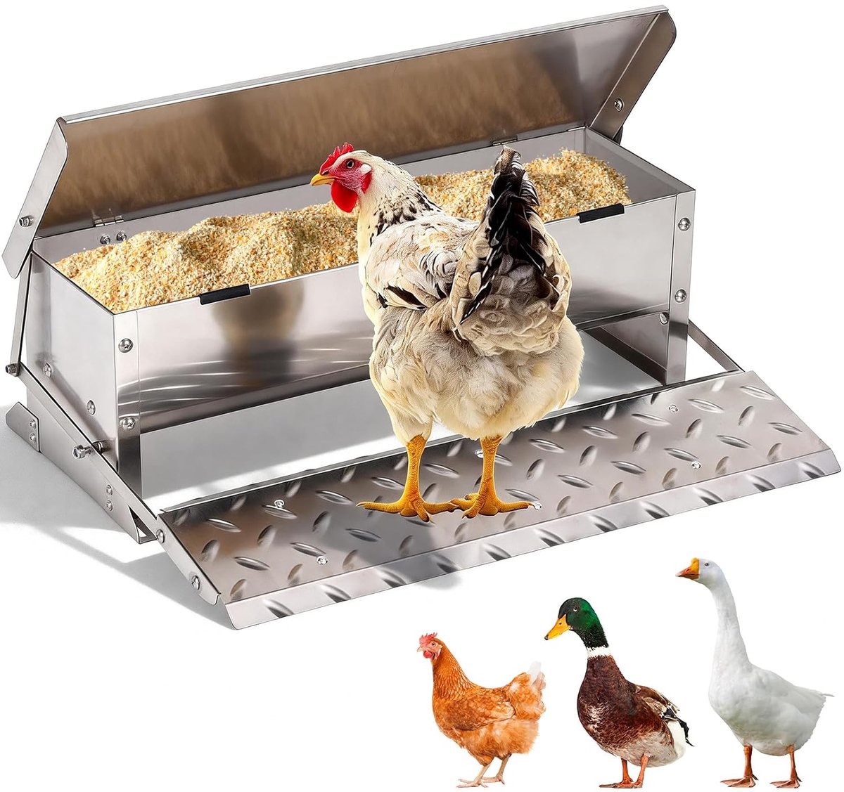 SnelShoppen - Chicken Feeder 5 kg Automatische Voederbak van Gegalvaniseerd Staal met Pedalen, Waterdicht en Ratveilig voor Kippen, Eenden en Kalkoene