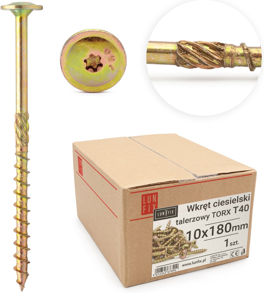 LUN FIX - Tellerkopfschroeven 10x180 - 1 stuk - TX40 Torx - Tellerkop met freestrips - Houtschroeven