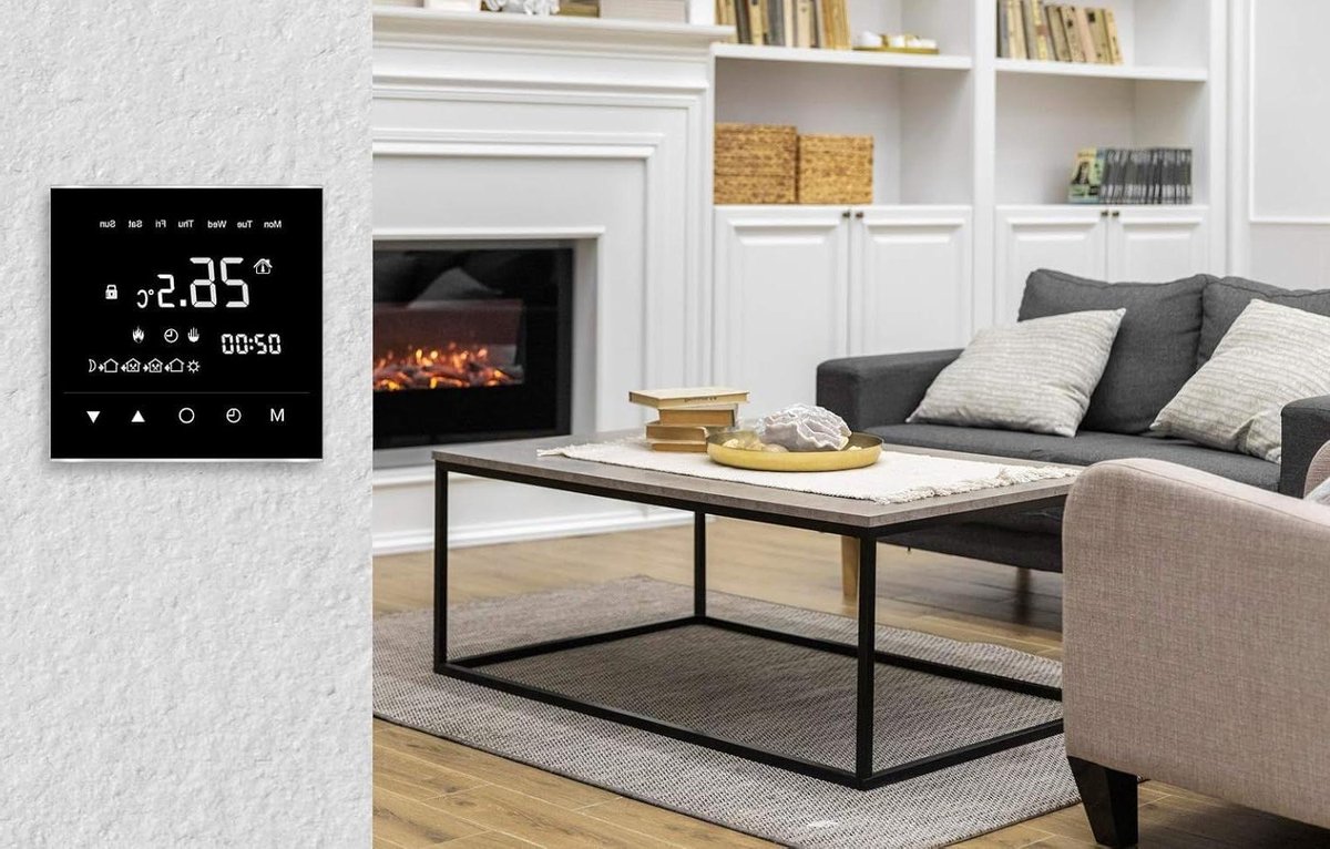Thermostaat met Touchscreen - Digitale Kamerthermostaat - Verwarming Regelen - Dubbele Temperatuursensoren - 86x86 mm - Zwart