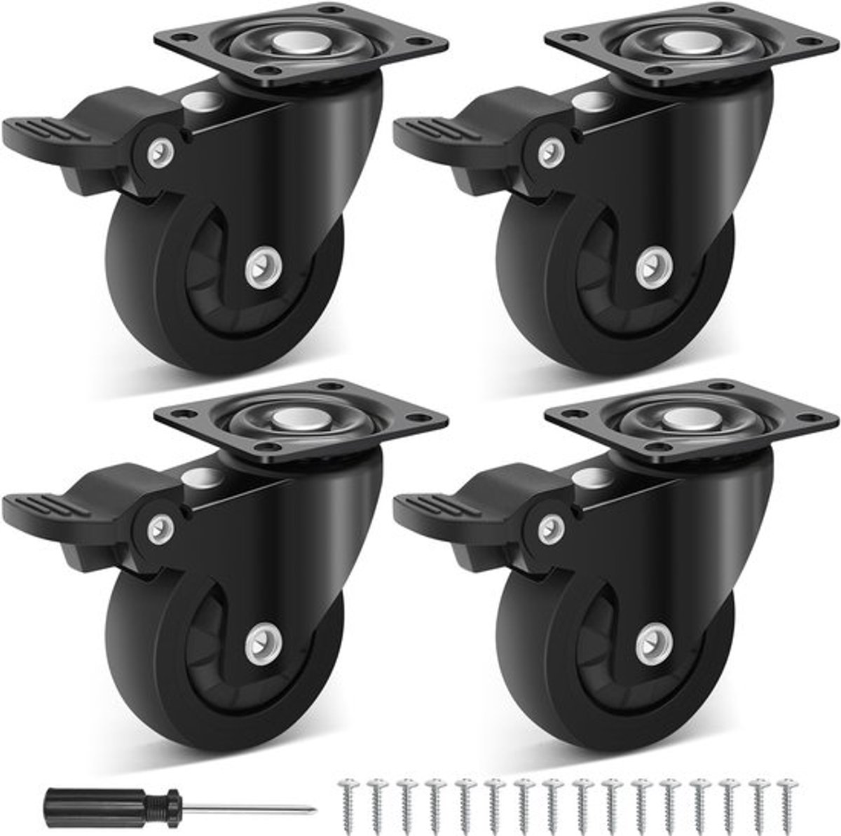 Zwenkwielen Zwaar 50mm - Zwenkwielen met Rem - Meubelwielen Plat - Meubelwielen Klein - Zwenkwielen voor Meubels - Draagvermogen 270kg - Stil Draaiend Rubber